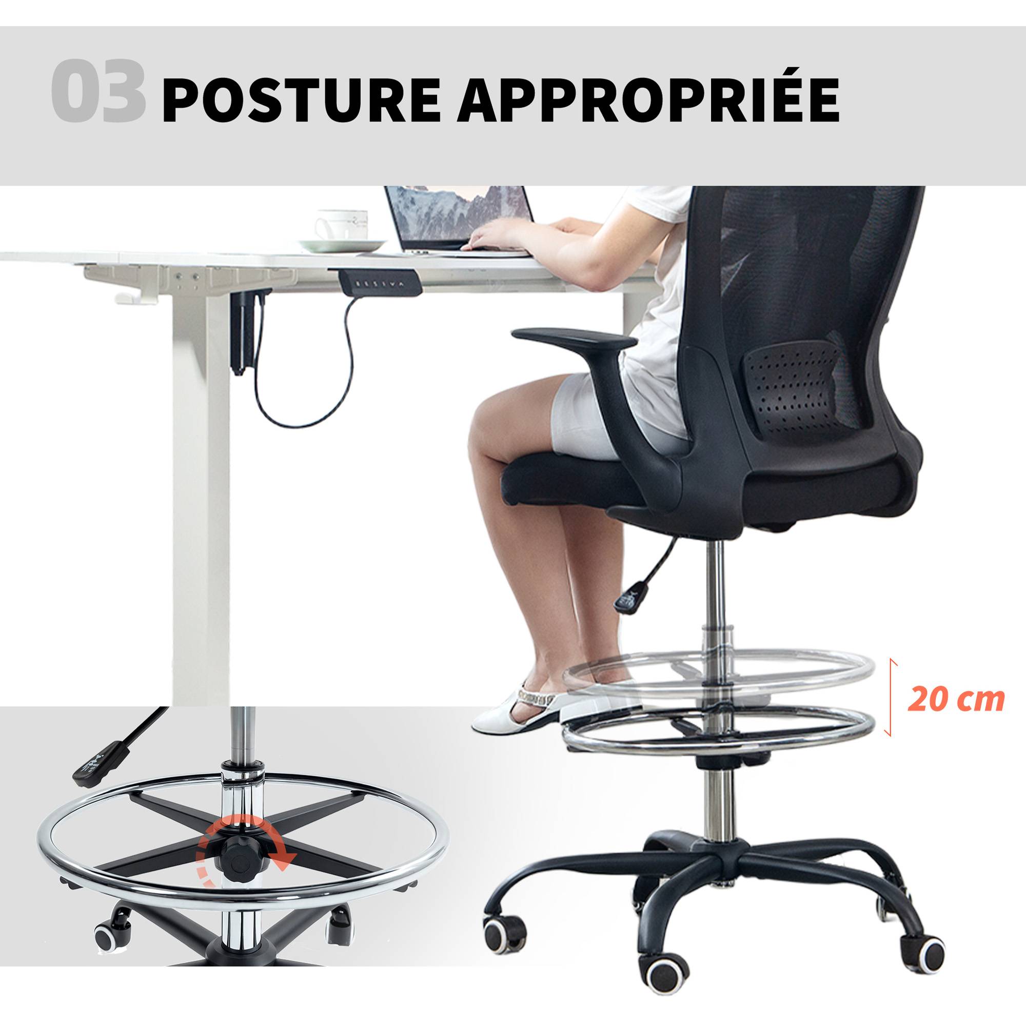 Sans Marque - Chaise bureau ergonomique avec repose-pieds ajustable et accoudoirs relevables, hauteur réglable, 59x62x99-119cm, noir - Image 8