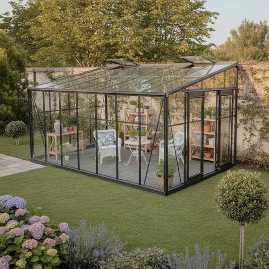 Serre adossée 13,71m² aluminium anthracite verre trempé 4mm Green Protect Luxe avec embase - Image 1
