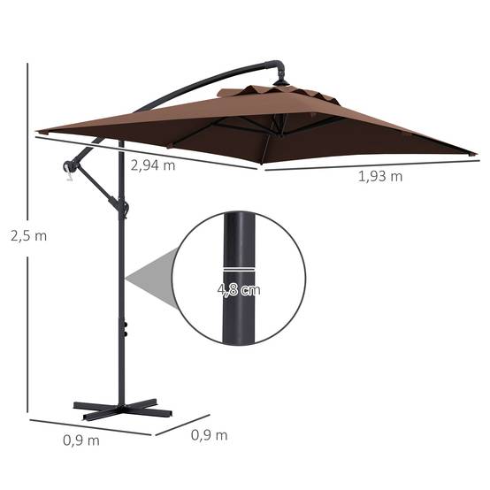 Parasol déporté parasol rectangulaire extérieur manivelle 6 baleine - 294x193x250cm Marron fr328 - Image 5