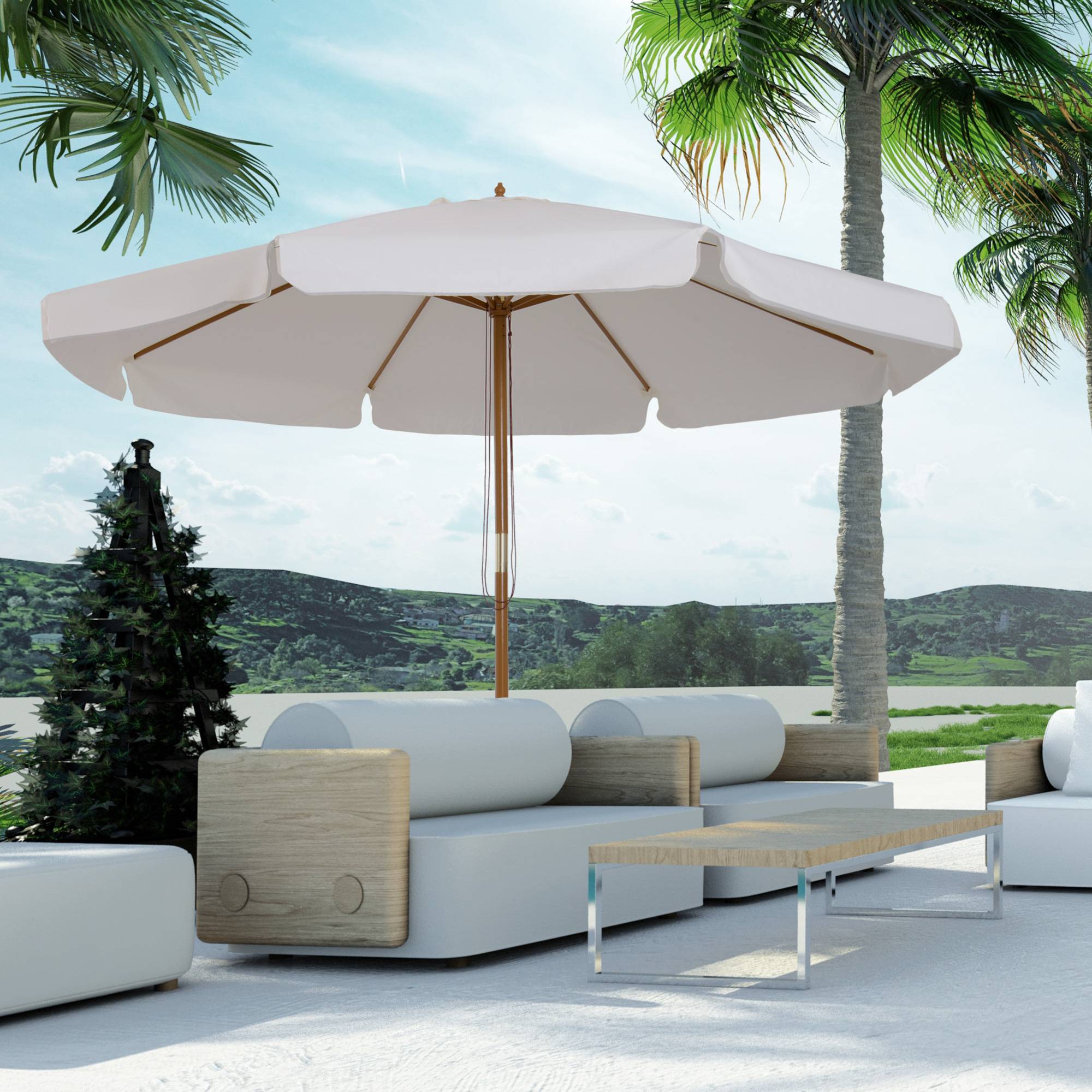 Parasol droit parasol de jardin rond grande taille de jardin Ø 3 m bois de bambou crème fr182 - Image 4