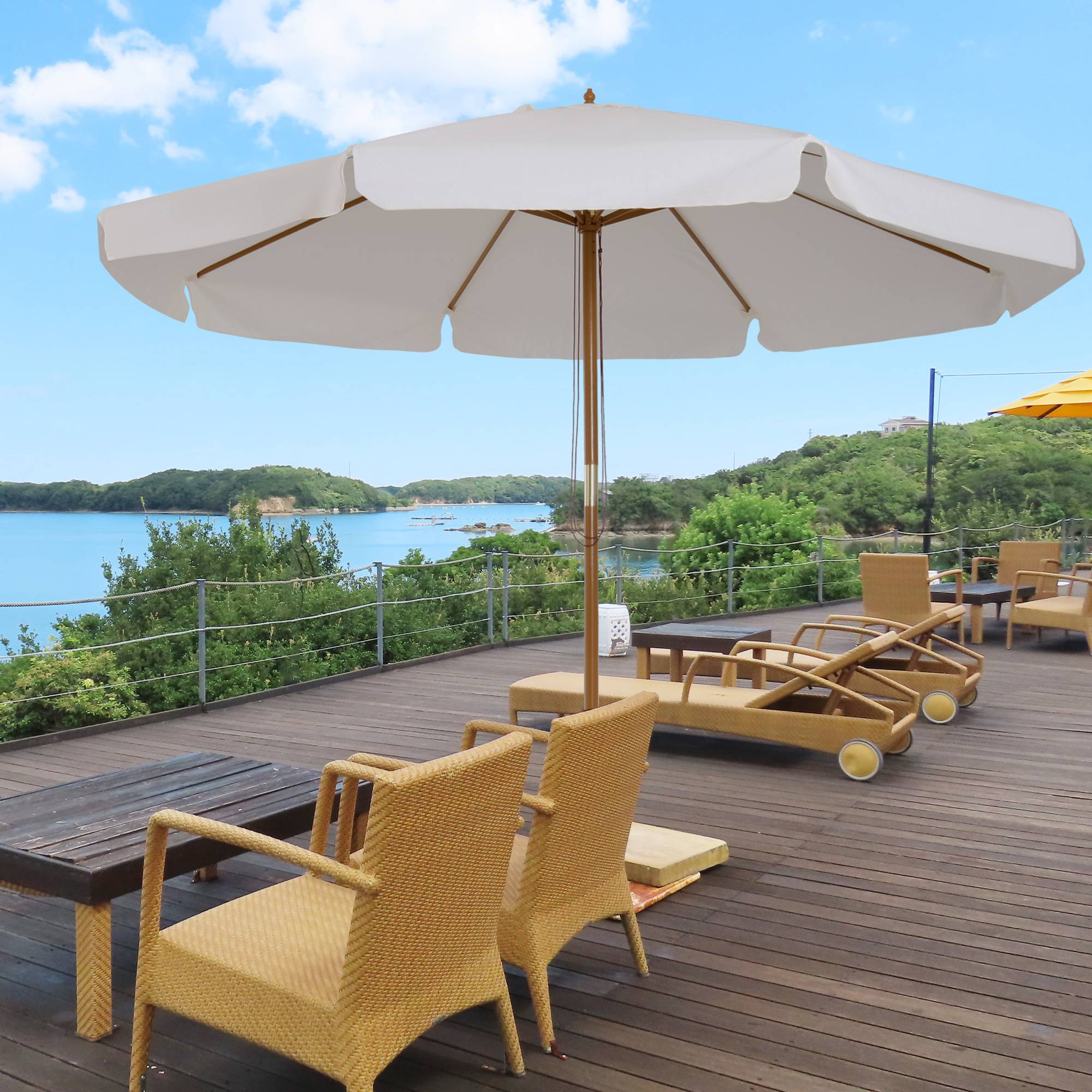 Parasol droit parasol de jardin rond grande taille de jardin Ø 3 m bois de bambou crème fr182 - Image 3