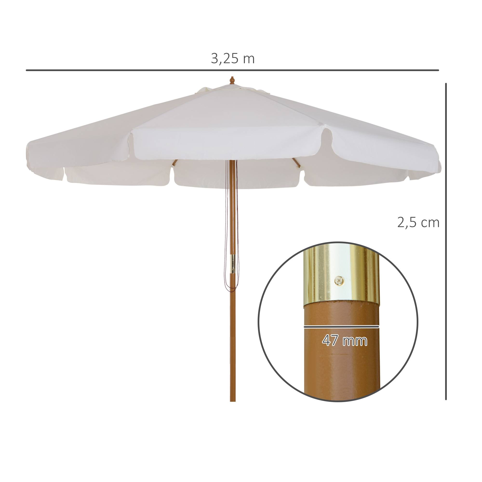 Parasol droit parasol de jardin rond grande taille de jardin Ø 3 m bois de bambou crème fr182 - Image 5