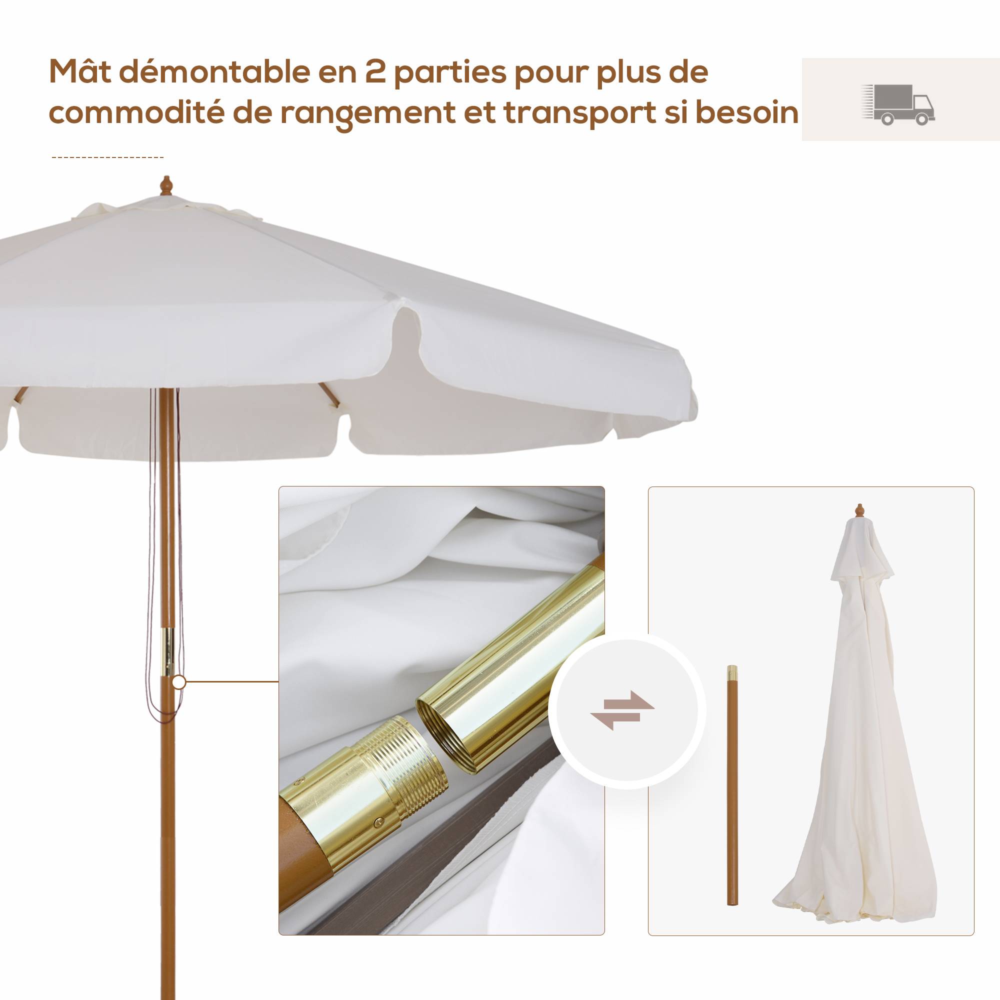 Parasol droit parasol de jardin rond grande taille de jardin Ø 3 m bois de bambou crème fr182 - Image 6