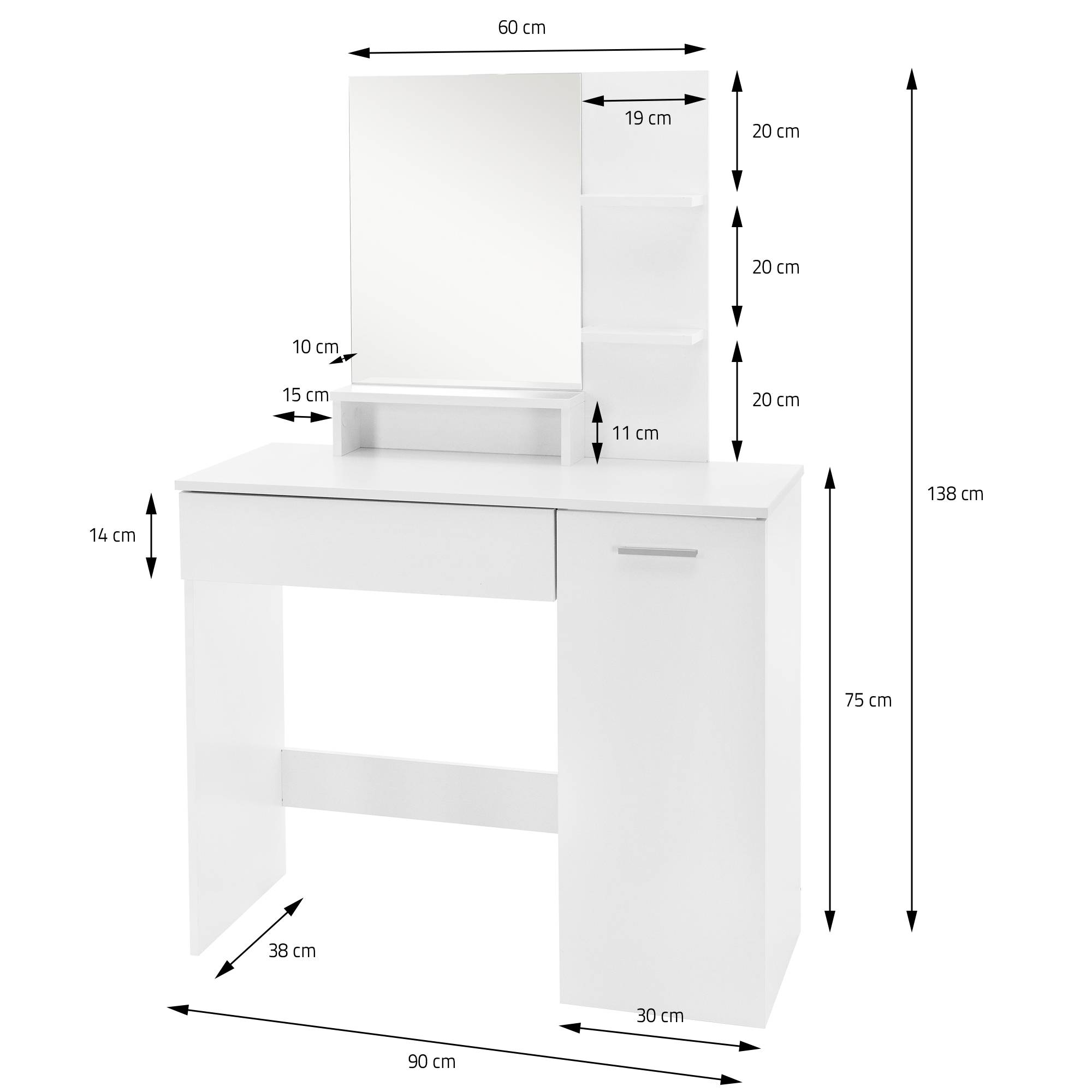 Coiffeuse avec miroir 90x38x138 cm blanc en MDF table de maquillage moderne avec tiroir deux étagères bureau de rangement armoire inférieure chambre - Image 6