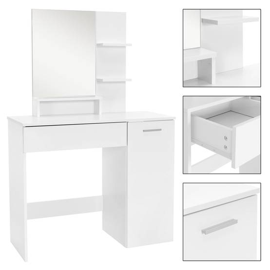 Coiffeuse avec miroir 90x38x138 cm blanc en MDF table de maquillage moderne avec tiroir deux étagères bureau de rangement armoire inférieure chambre - Image 4