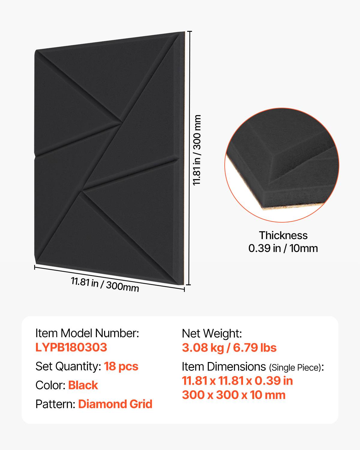 Vevor - VEVOR Panneaux acoustiques autocollants, lot de 18, 30x30x1 cm, fibre polyester, noir - Image 6