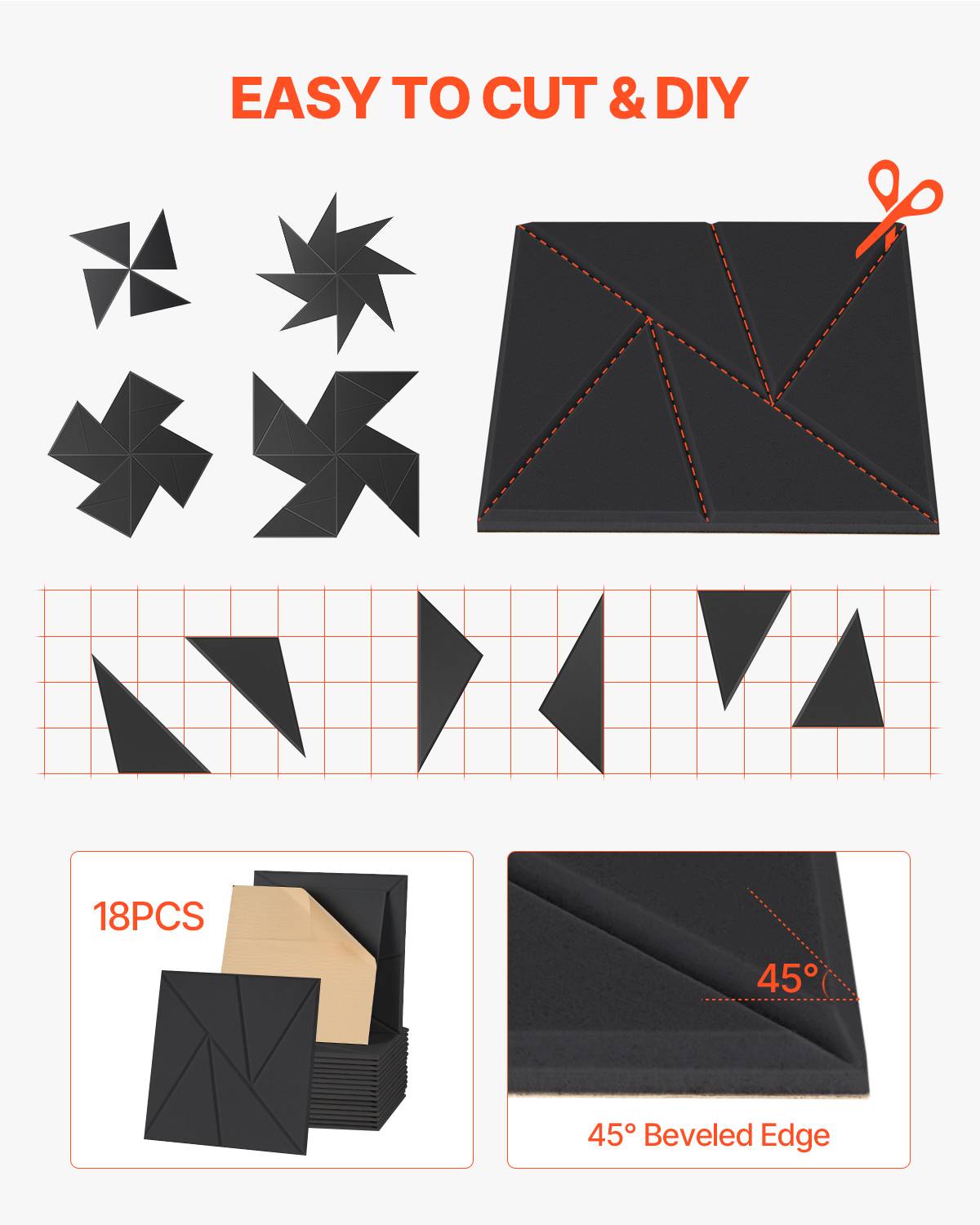 Vevor - VEVOR Panneaux acoustiques autocollants, lot de 18, 30x30x1 cm, fibre polyester, noir - Image 5
