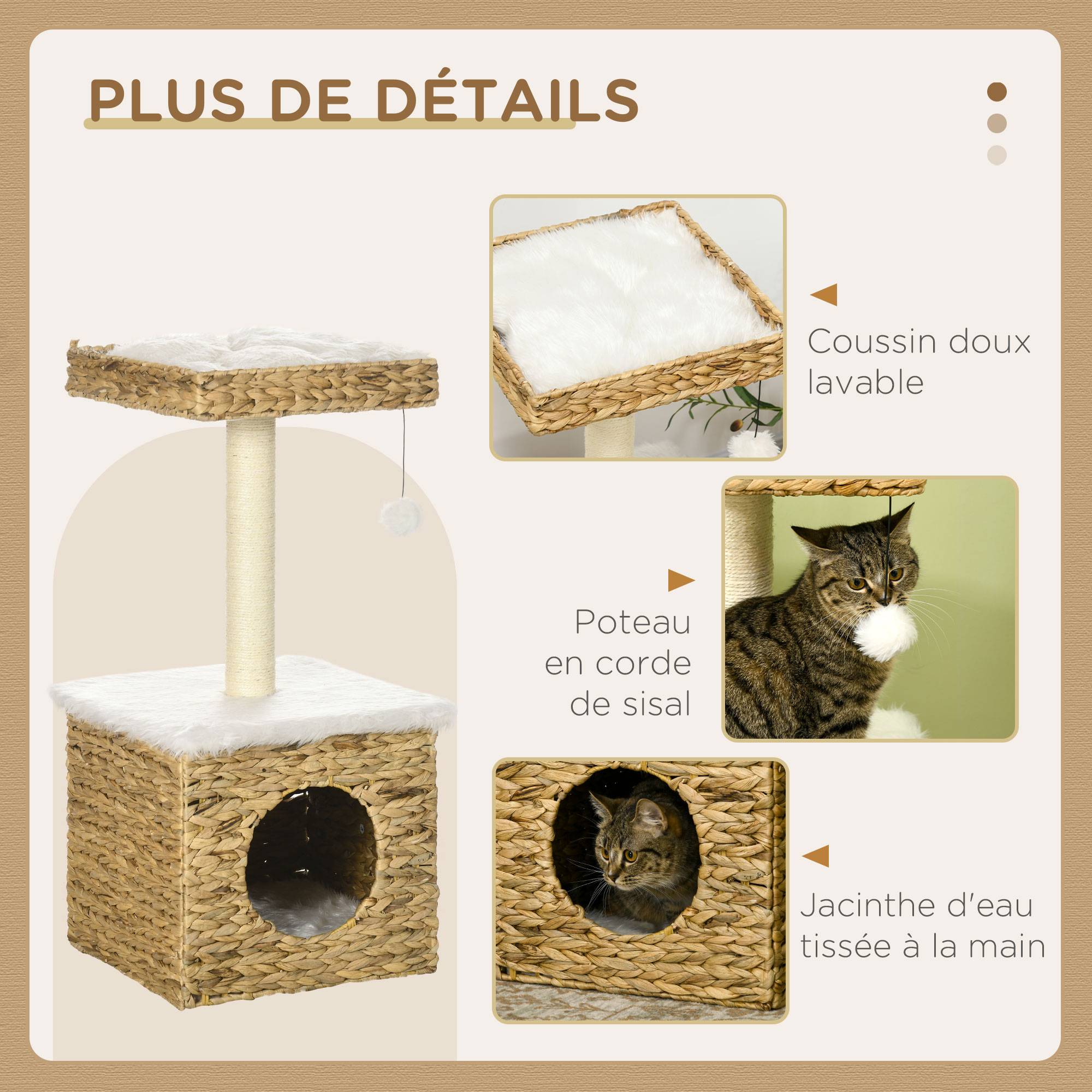 Arbre à chat design en jacinthe d'eau avec niche et coussins lavables 83 cm - ComfortXL Outdoor Living - Image 8