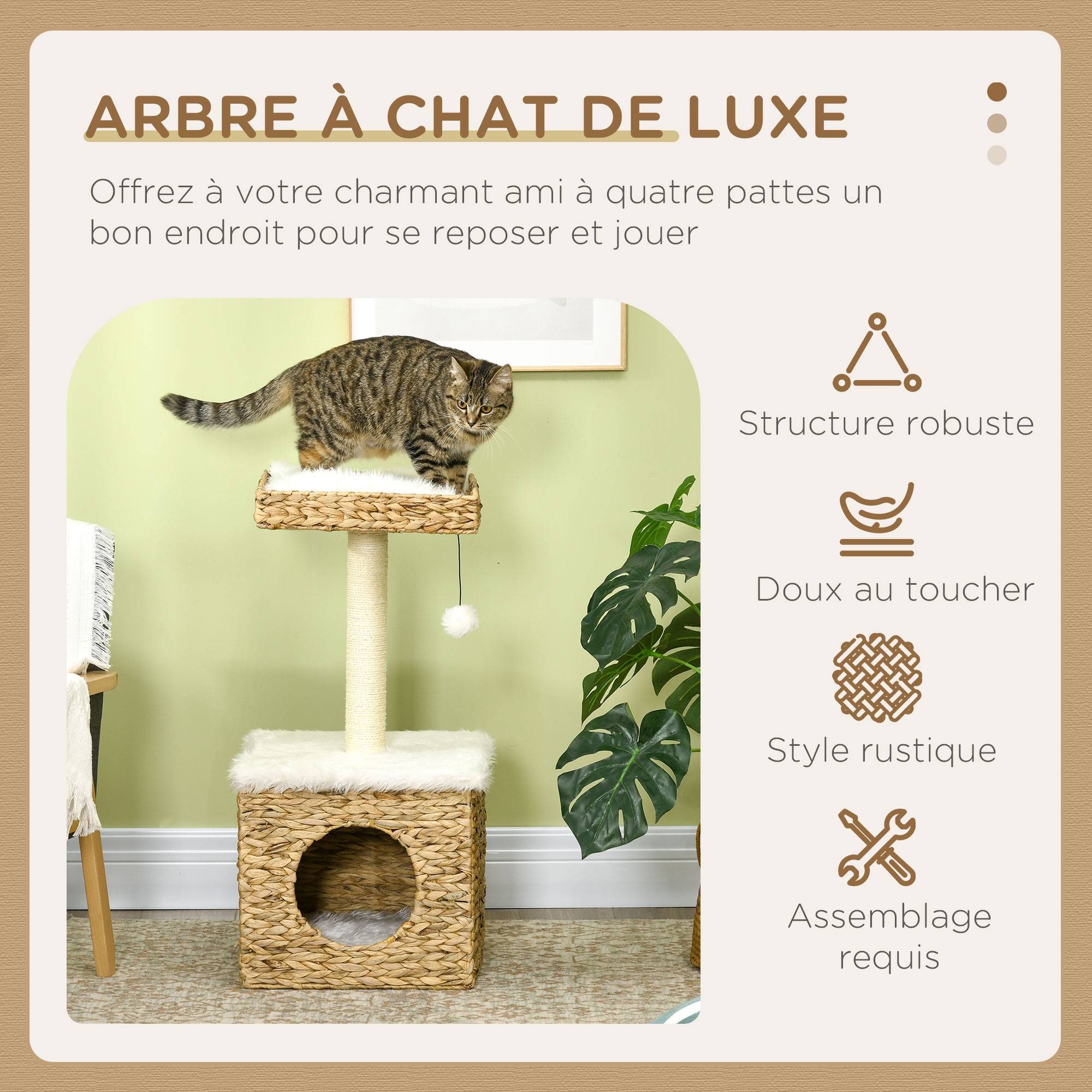 Arbre à chat design en jacinthe d'eau avec niche et coussins lavables 83 cm - ComfortXL Outdoor Living - Image 6