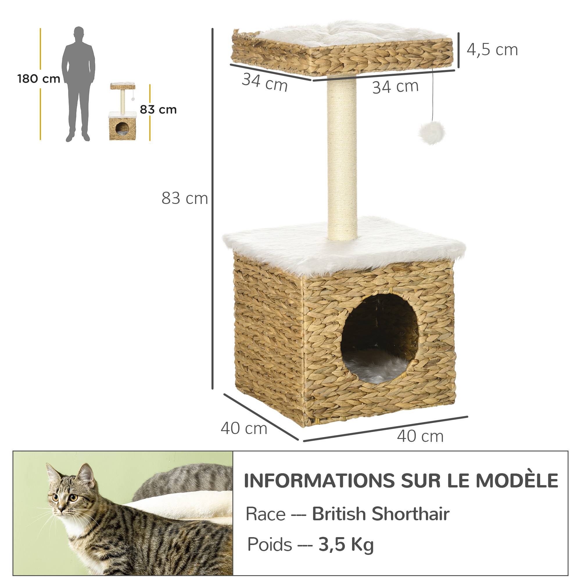 Arbre à chat design en jacinthe d'eau avec niche et coussins lavables 83 cm - ComfortXL Outdoor Living - Image 5