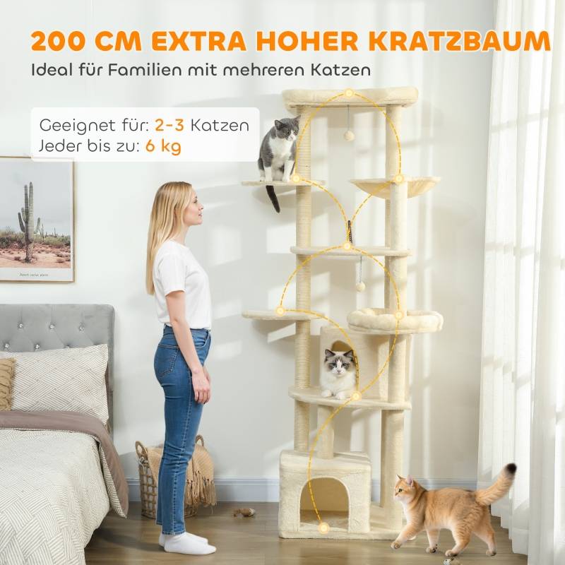 Arbre à Chat XXL 200cm Sisal Naturel Hamac 2 Cabanes Multi-Niveaux Beige - ComfortXL Outdoor Living - Image 4