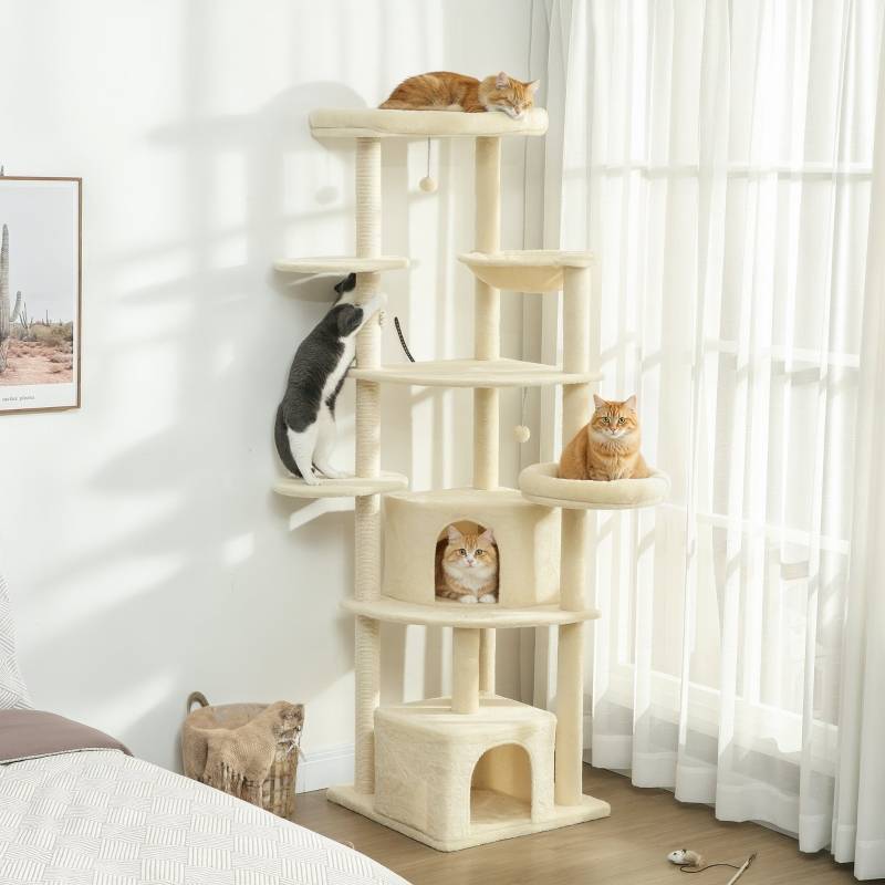 Arbre à Chat XXL 200cm Sisal Naturel Hamac 2 Cabanes Multi-Niveaux Beige - ComfortXL Outdoor Living