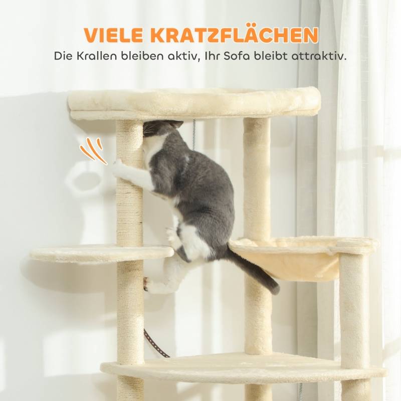 Arbre à Chat XXL 200cm Sisal Naturel Hamac 2 Cabanes Multi-Niveaux Beige - ComfortXL Outdoor Living - Image 7