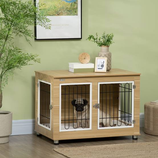 Cage d'intérieur acier et bois pour grand chien avec plateau et coussin 90x58x65cm chêne - ComfortXL Outdoor Living - Image 3