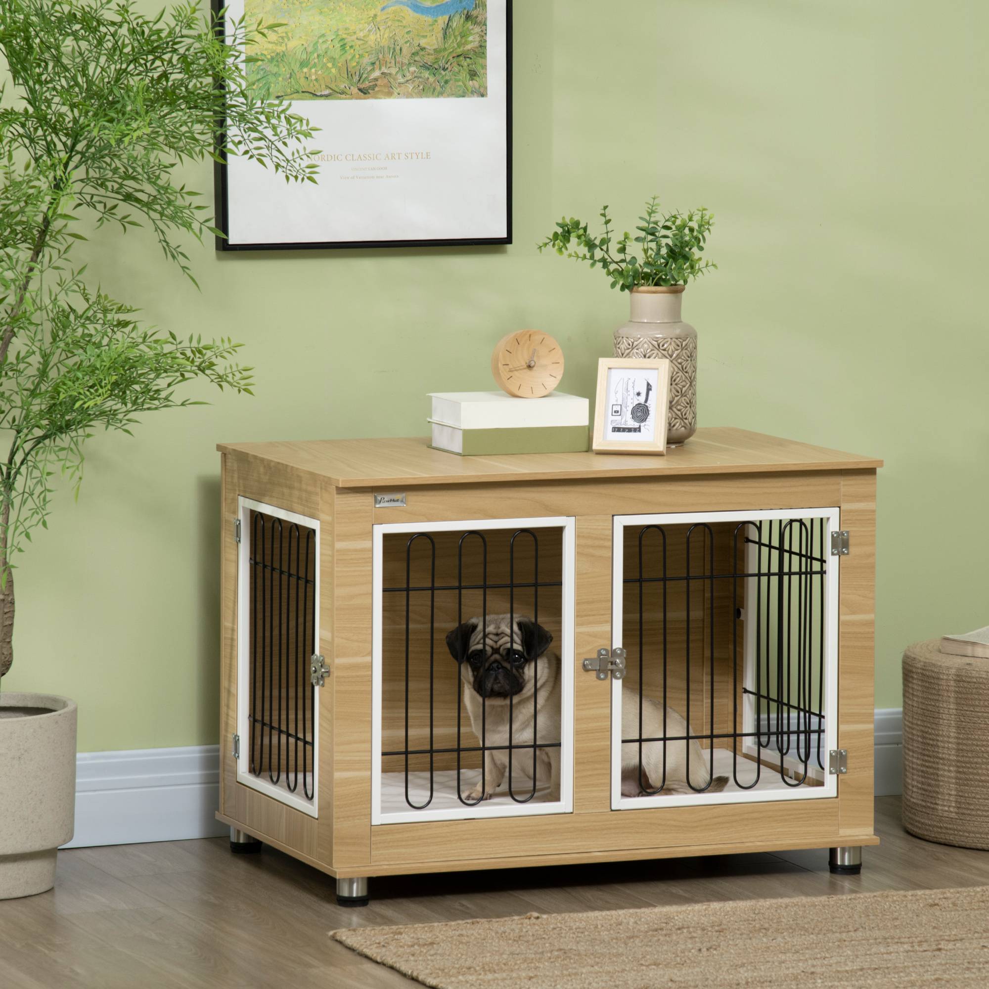 Cage d'intérieur acier et bois pour grand chien avec plateau et coussin 90x58x65cm chêne - ComfortXL Outdoor Living - Image 3