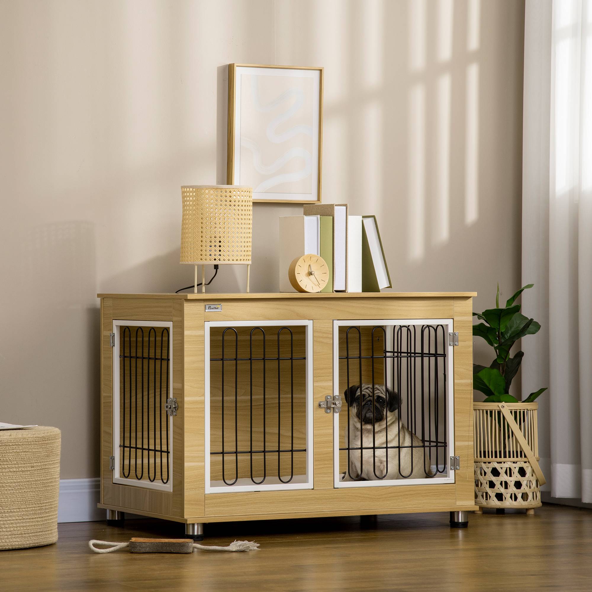 Cage d'intérieur acier et bois pour grand chien avec plateau et coussin 90x58x65cm chêne - ComfortXL Outdoor Living - Image 4