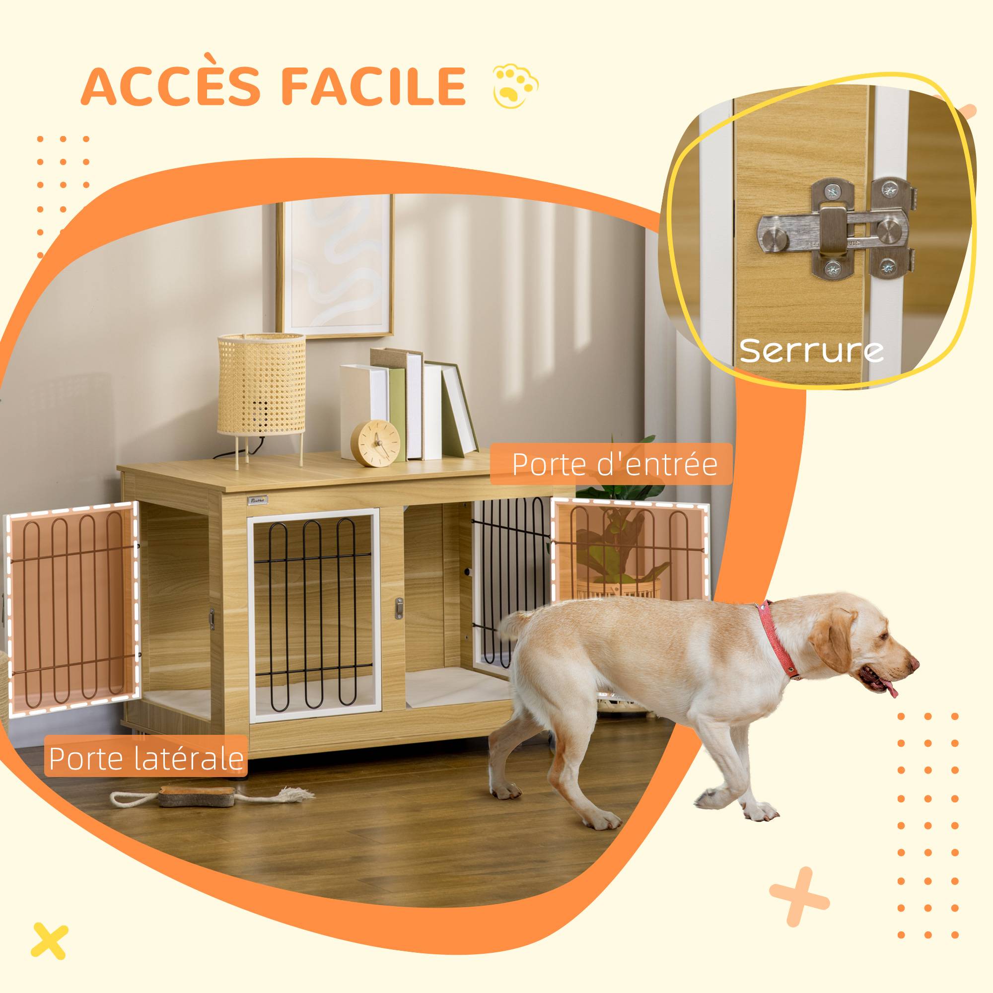 Cage d'intérieur acier et bois pour grand chien avec plateau et coussin 90x58x65cm chêne - ComfortXL Outdoor Living - Image 8