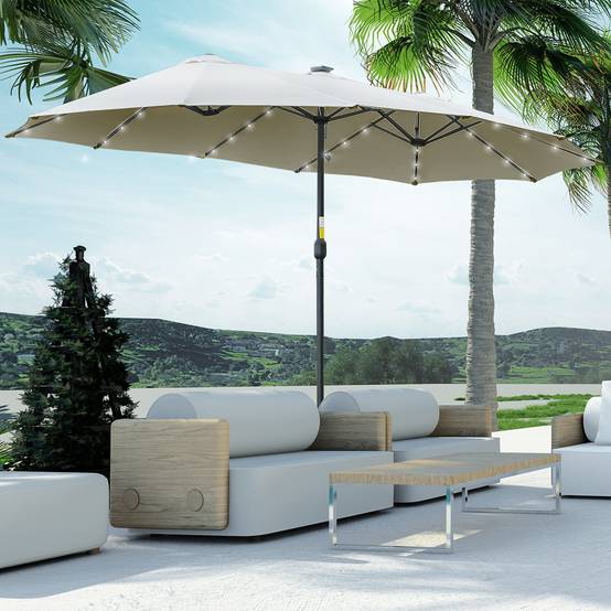 Parasol double 450 x 265 x 240 cm avec 48 LED, manivelle, protection solaire pour terrasse, balcon, piscine, gris clair - Image 3