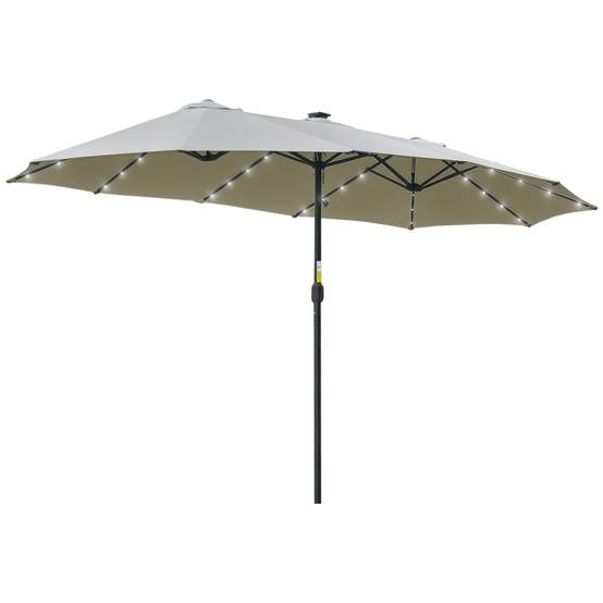 Parasol double 450 x 265 x 240 cm avec 48 LED, manivelle, protection solaire pour terrasse, balcon, piscine, gris clair - Image 1