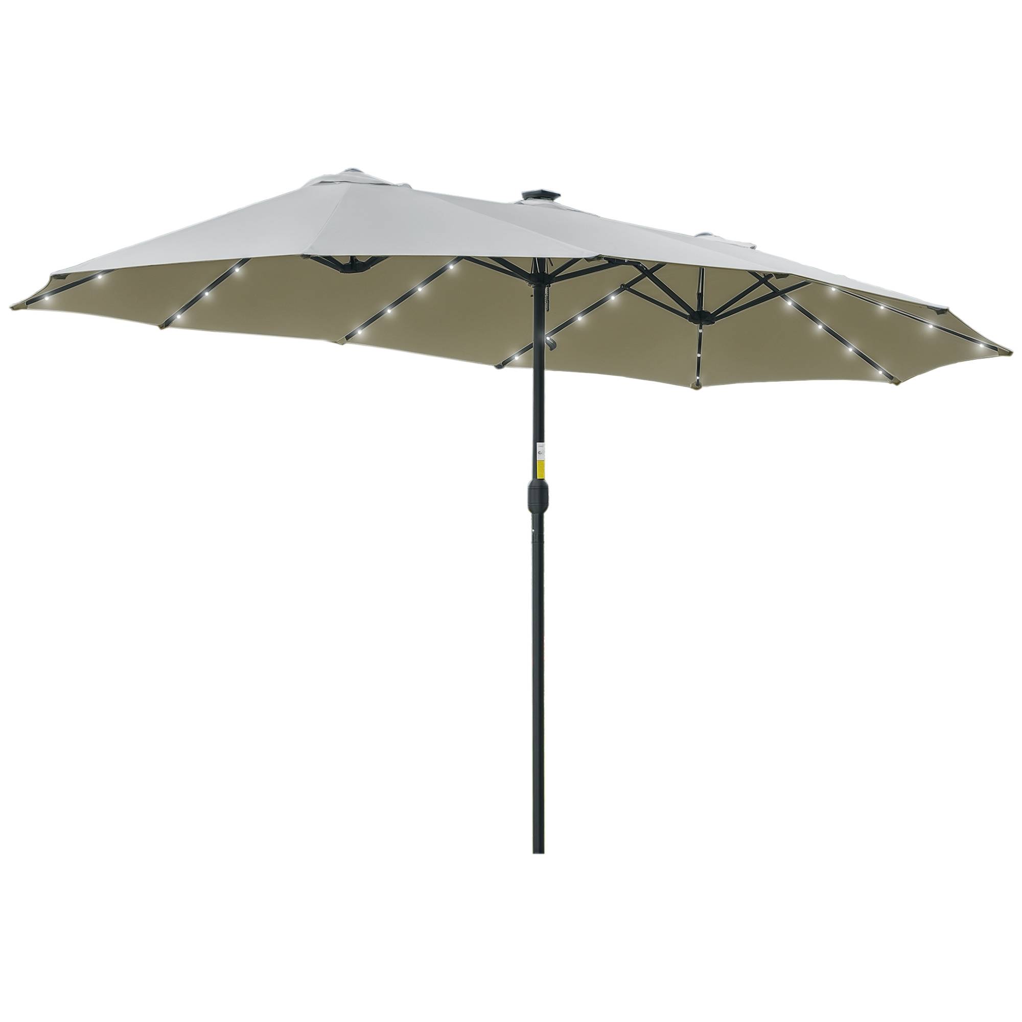 Parasol double 450 x 265 x 240 cm avec 48 LED, manivelle, protection solaire pour terrasse, balcon, piscine, gris clair