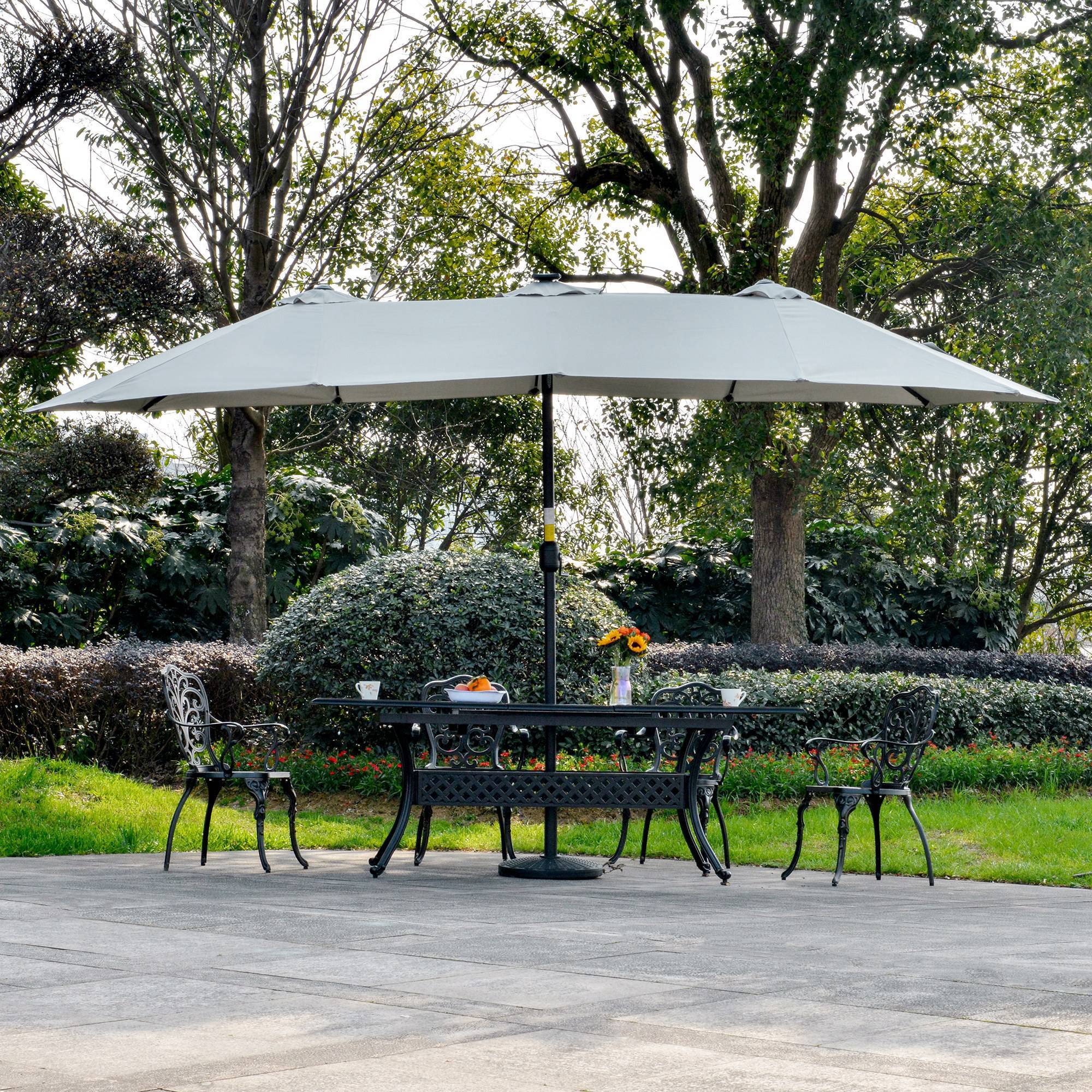 Parasol double 450 x 265 x 240 cm avec 48 LED, manivelle, protection solaire pour terrasse, balcon, piscine, gris clair - Image 10