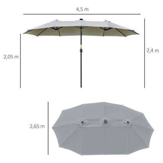 Parasol double 450 x 265 x 240 cm avec 48 LED, manivelle, protection solaire pour terrasse, balcon, piscine, gris clair - Image 5