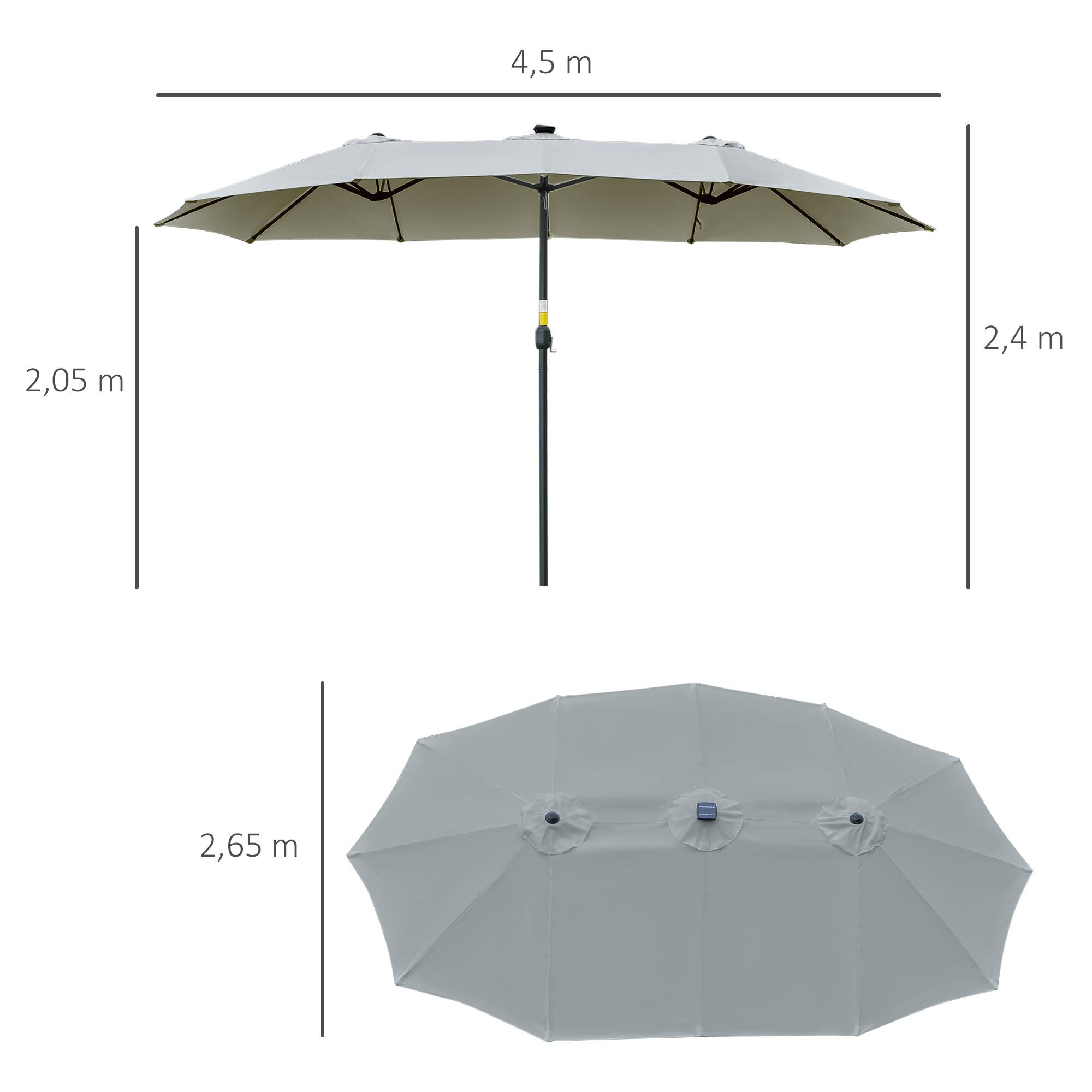 Parasol double 450 x 265 x 240 cm avec 48 LED, manivelle, protection solaire pour terrasse, balcon, piscine, gris clair - Image 5