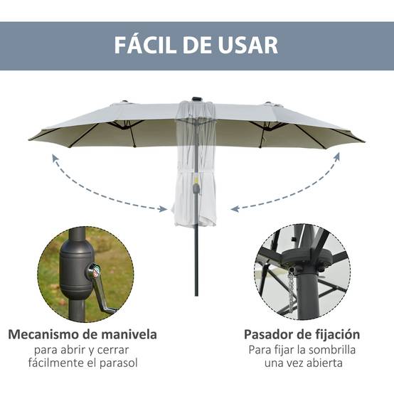 Parasol double 450 x 265 x 240 cm avec 48 LED, manivelle, protection solaire pour terrasse, balcon, piscine, gris clair - Image 8