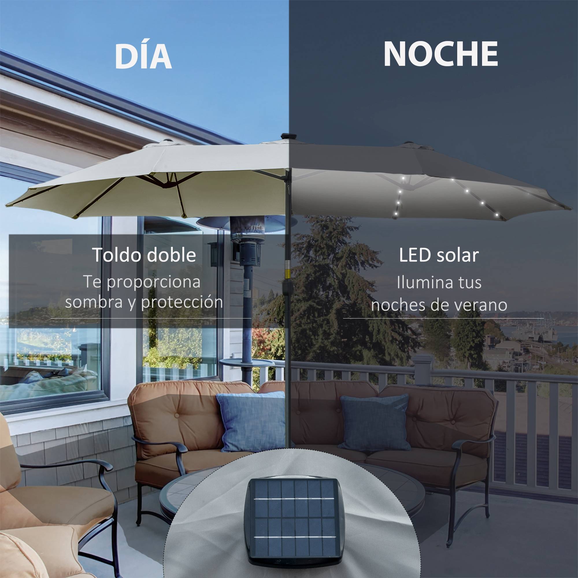 Parasol double 450 x 265 x 240 cm avec 48 LED, manivelle, protection solaire pour terrasse, balcon, piscine, gris clair - Image 6