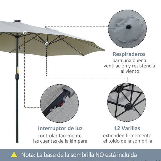 Parasol double 450 x 265 x 240 cm avec 48 LED, manivelle, protection solaire pour terrasse, balcon, piscine, gris clair - Image 7