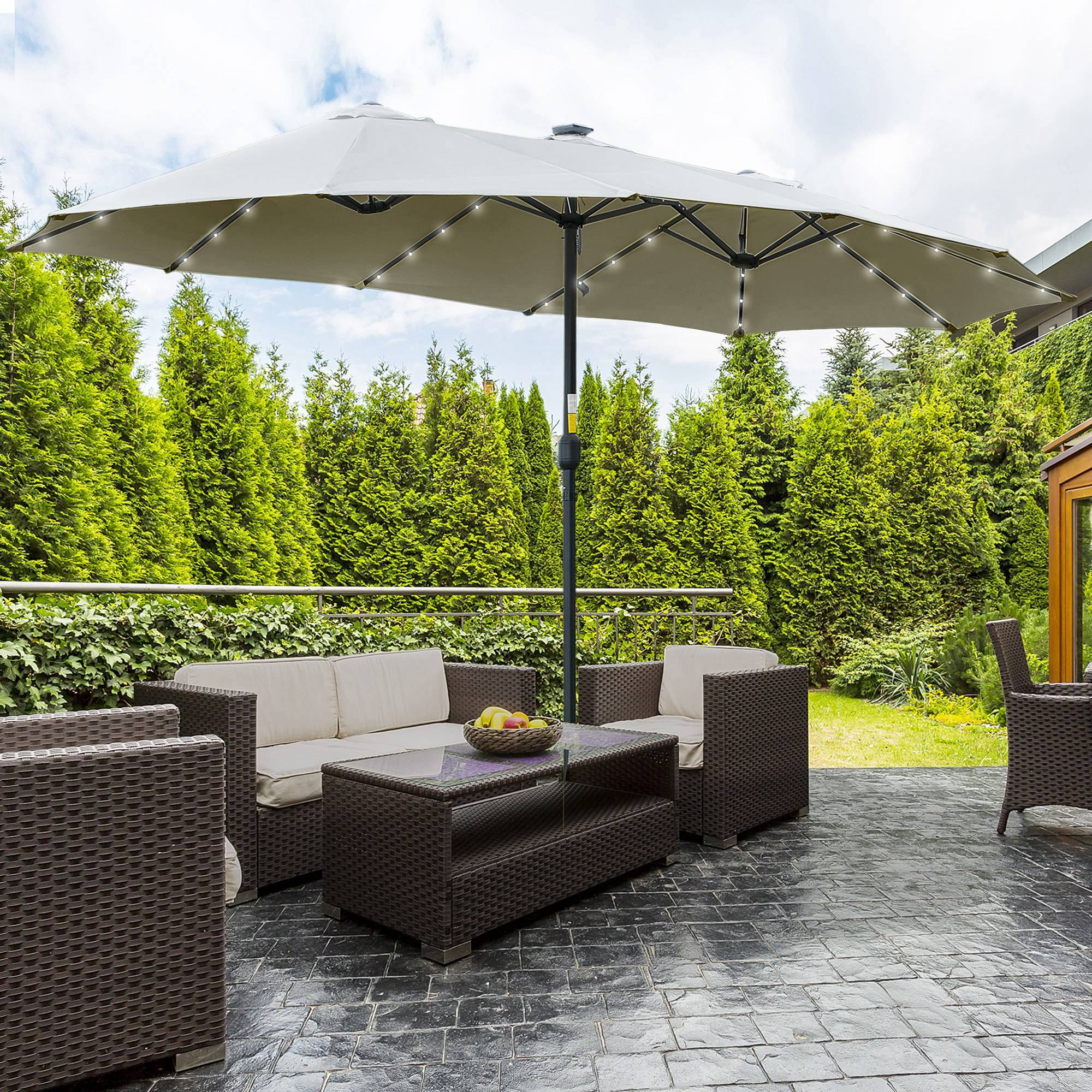 Parasol double 450 x 265 x 240 cm avec 48 LED, manivelle, protection solaire pour terrasse, balcon, piscine, gris clair - Image 4