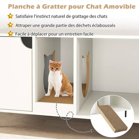 Meuble pour Bac à Litière pour Chat 100cm Griffoir Amovible 2 Compartiments Charge 120 kg Blanc - Image 9