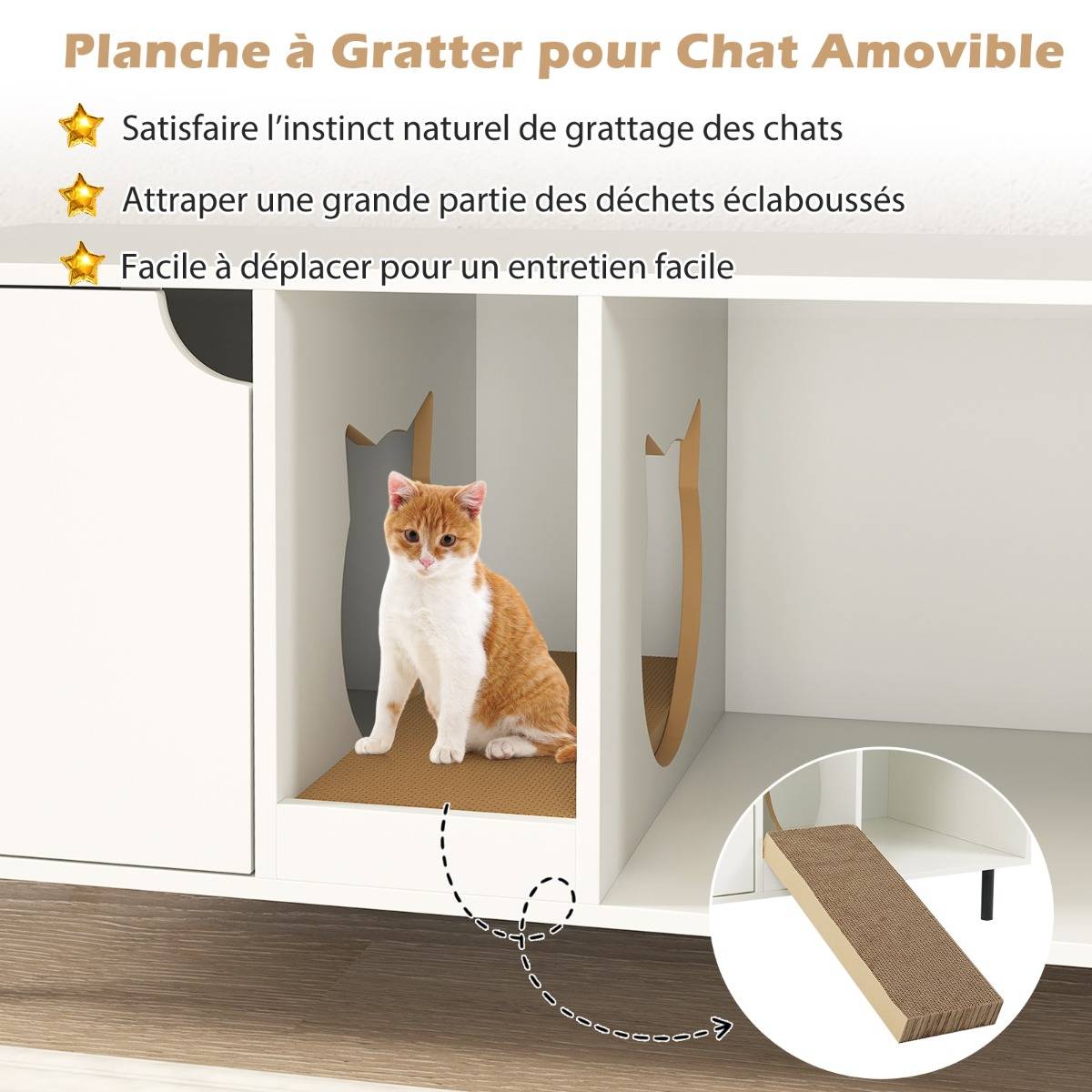 Meuble pour Bac à Litière pour Chat 100cm Griffoir Amovible 2 Compartiments Charge 120 kg Blanc - Image 9