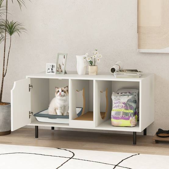 Meuble pour Bac à Litière pour Chat 100cm Griffoir Amovible 2 Compartiments Charge 120 kg Blanc - Image 4