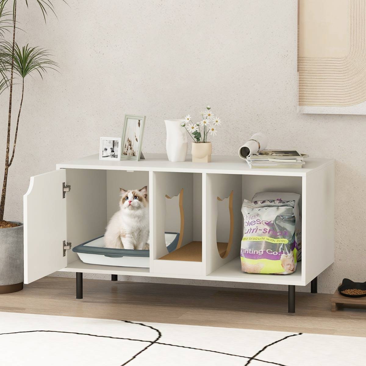 Meuble pour Bac à Litière pour Chat 100cm Griffoir Amovible 2 Compartiments Charge 120 kg Blanc - Image 4