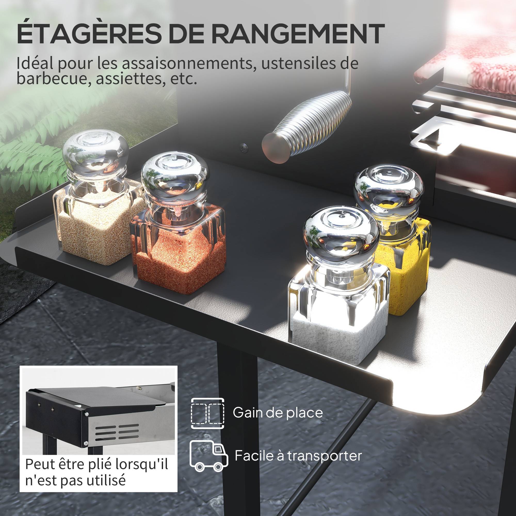 Barbecue à charbon rôtissoire acier inox jardin cuisson 3 niveaux noir 118 cm - ComfortXL Outdoor Living - Image 8
