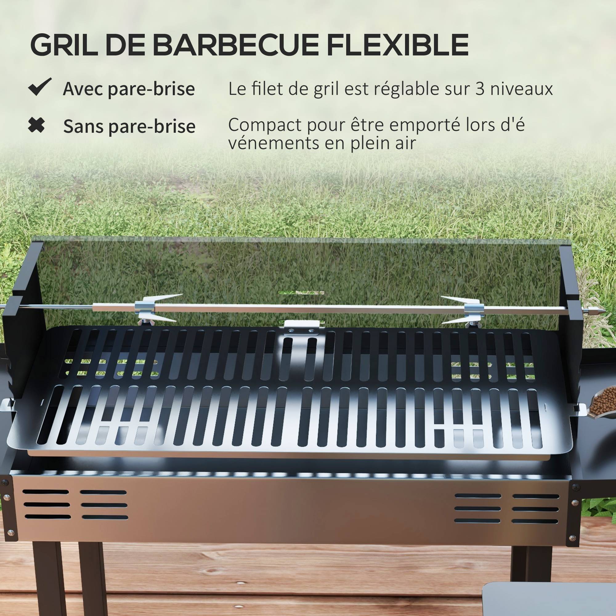 Barbecue à charbon rôtissoire acier inox jardin cuisson 3 niveaux noir 118 cm - ComfortXL Outdoor Living - Image 7