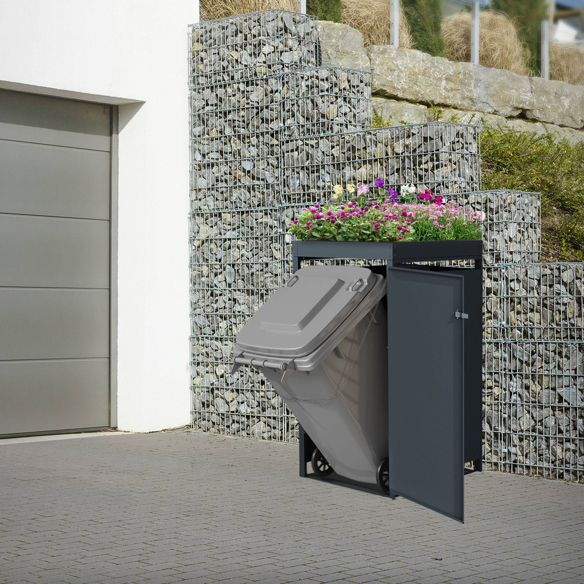 Abri pour 1 poubelle 68x80x124 cm capacité de 60L à 240L anthracite/aspect rouille en acier avec toit pour plantes et porte résistant aux intempéries - Image 10