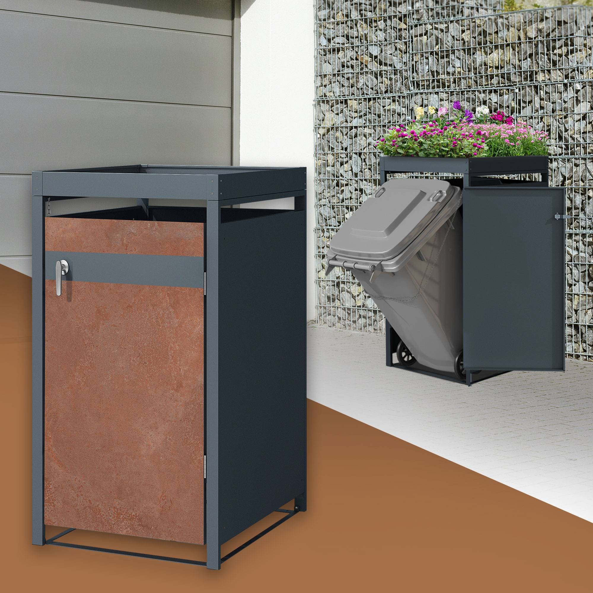 Abri pour 1 poubelle 68x80x124 cm capacité de 60L à 240L anthracite/aspect rouille en acier avec toit pour plantes et porte résistant aux intempéries - Image 2