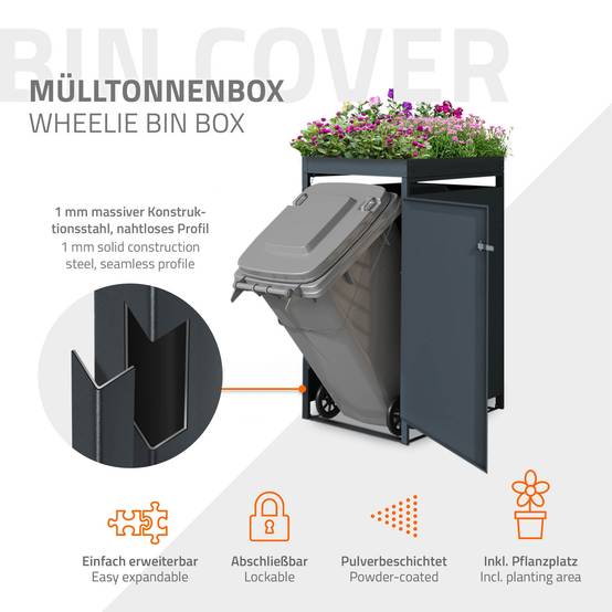 Abri pour 1 poubelle 68x80x124 cm capacité de 60L à 240L anthracite/aspect rouille en acier avec toit pour plantes et porte résistant aux intempéries - Image 3
