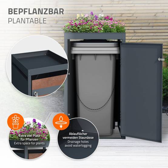 Abri pour 1 poubelle 68x80x124 cm capacité de 60L à 240L anthracite/aspect rouille en acier avec toit pour plantes et porte résistant aux intempéries - Image 6