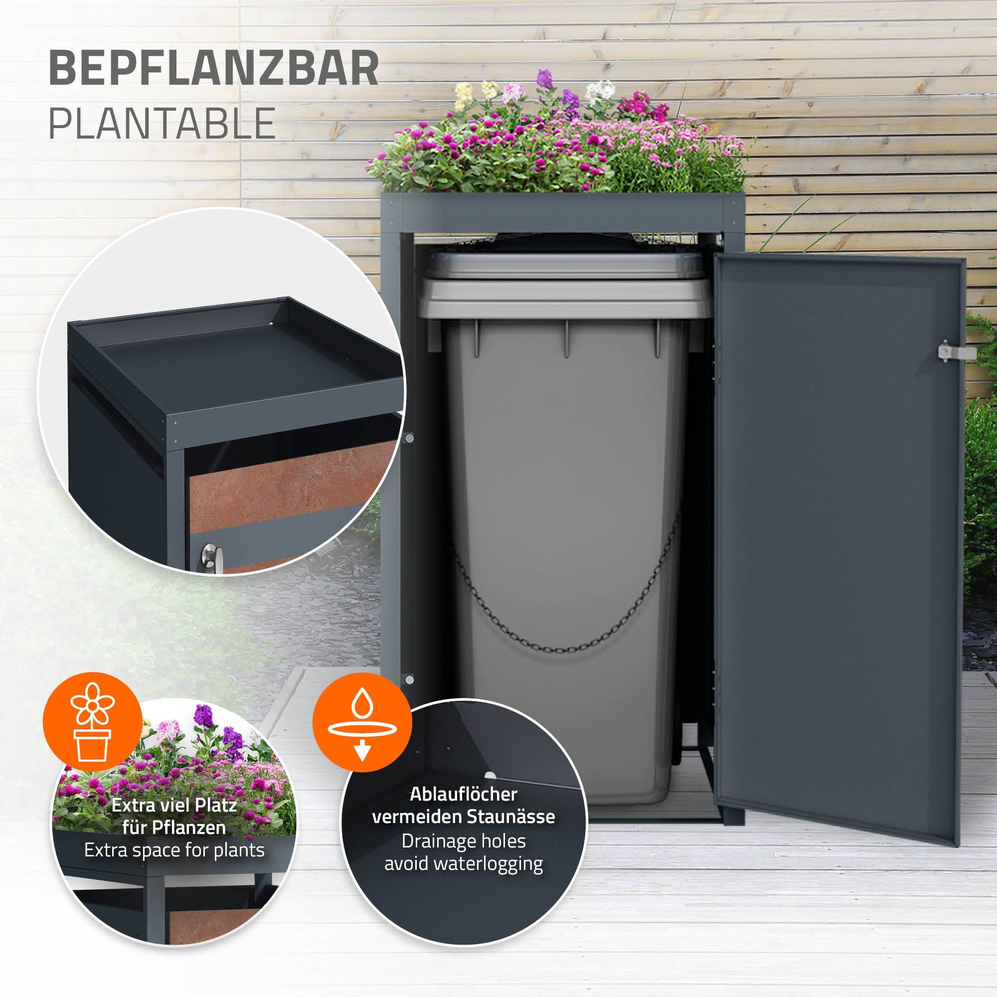 Abri pour 1 poubelle 68x80x124 cm capacité de 60L à 240L anthracite/aspect rouille en acier avec toit pour plantes et porte résistant aux intempéries - Image 6