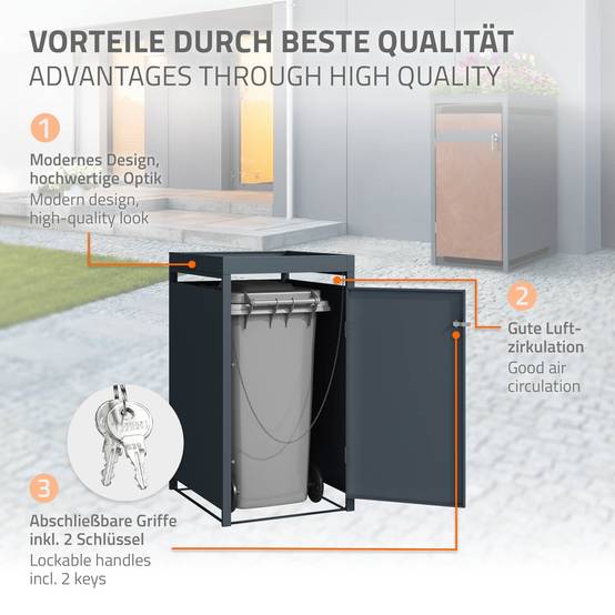Abri pour 1 poubelle 68x80x124 cm capacité de 60L à 240L anthracite/aspect rouille en acier avec toit pour plantes et porte résistant aux intempéries - Image 4