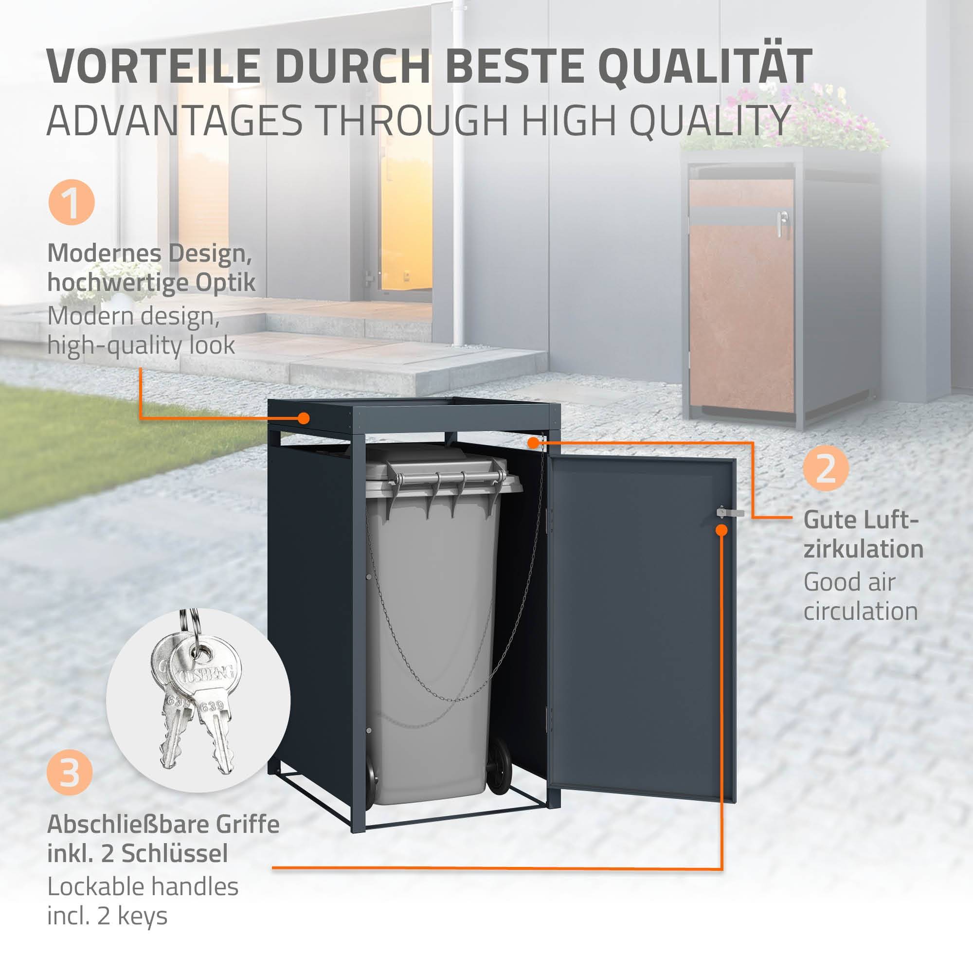 Abri pour 1 poubelle 68x80x124 cm capacité de 60L à 240L anthracite/aspect rouille en acier avec toit pour plantes et porte résistant aux intempéries - Image 4