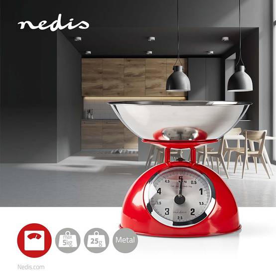 Balance de cuisine Retro Rouge Analogique Bol amovible acier 5kg Fonction Tare NEDIS - Image 4