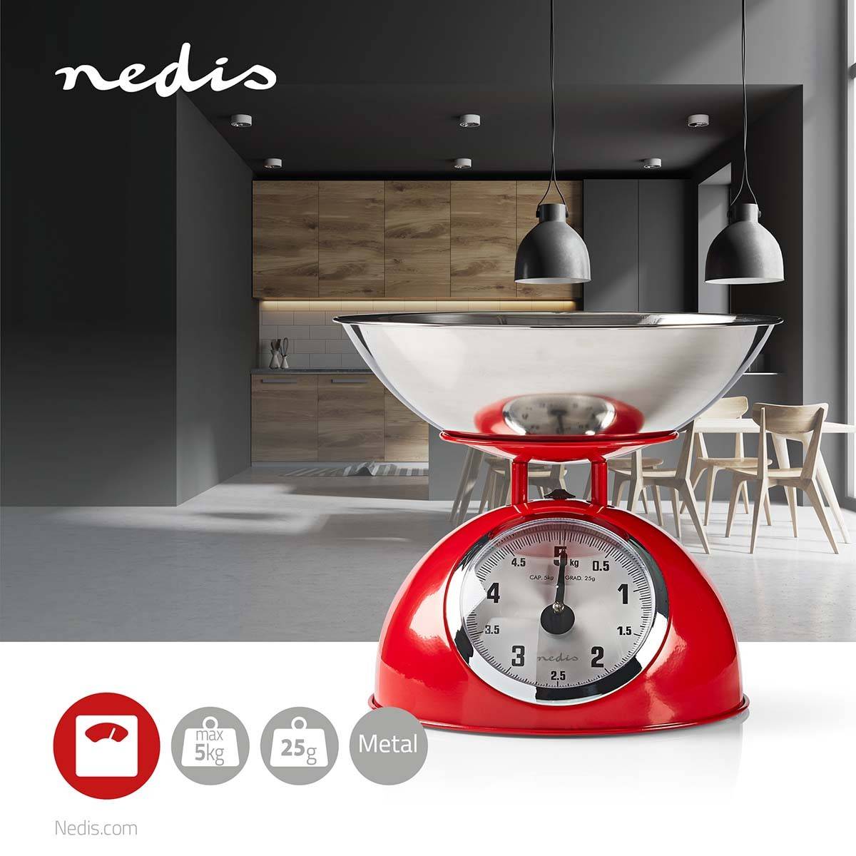 Balance de cuisine Retro Rouge Analogique Bol amovible acier 5kg Fonction Tare NEDIS - Image 4