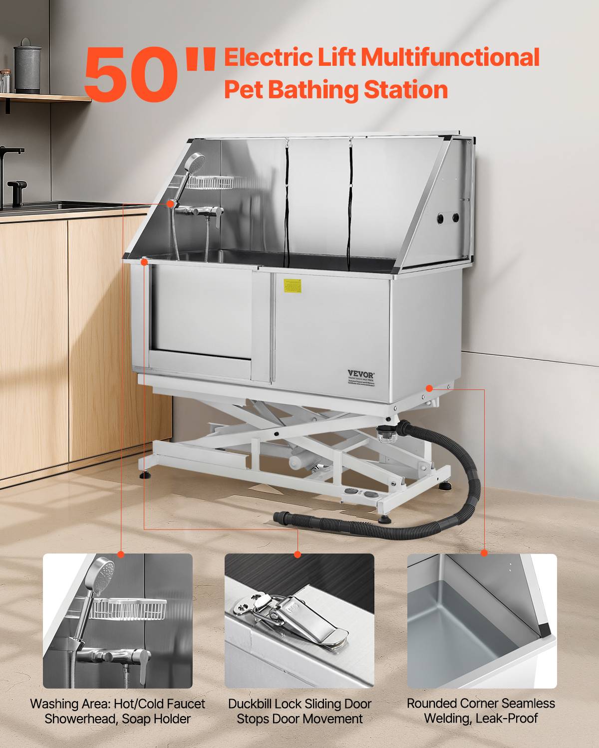 Vevor - VEVOR Baignoire chien inox 127 cm, station lavage électrique avec filtre, robinet, pommeau, porte gauche. - Image 2