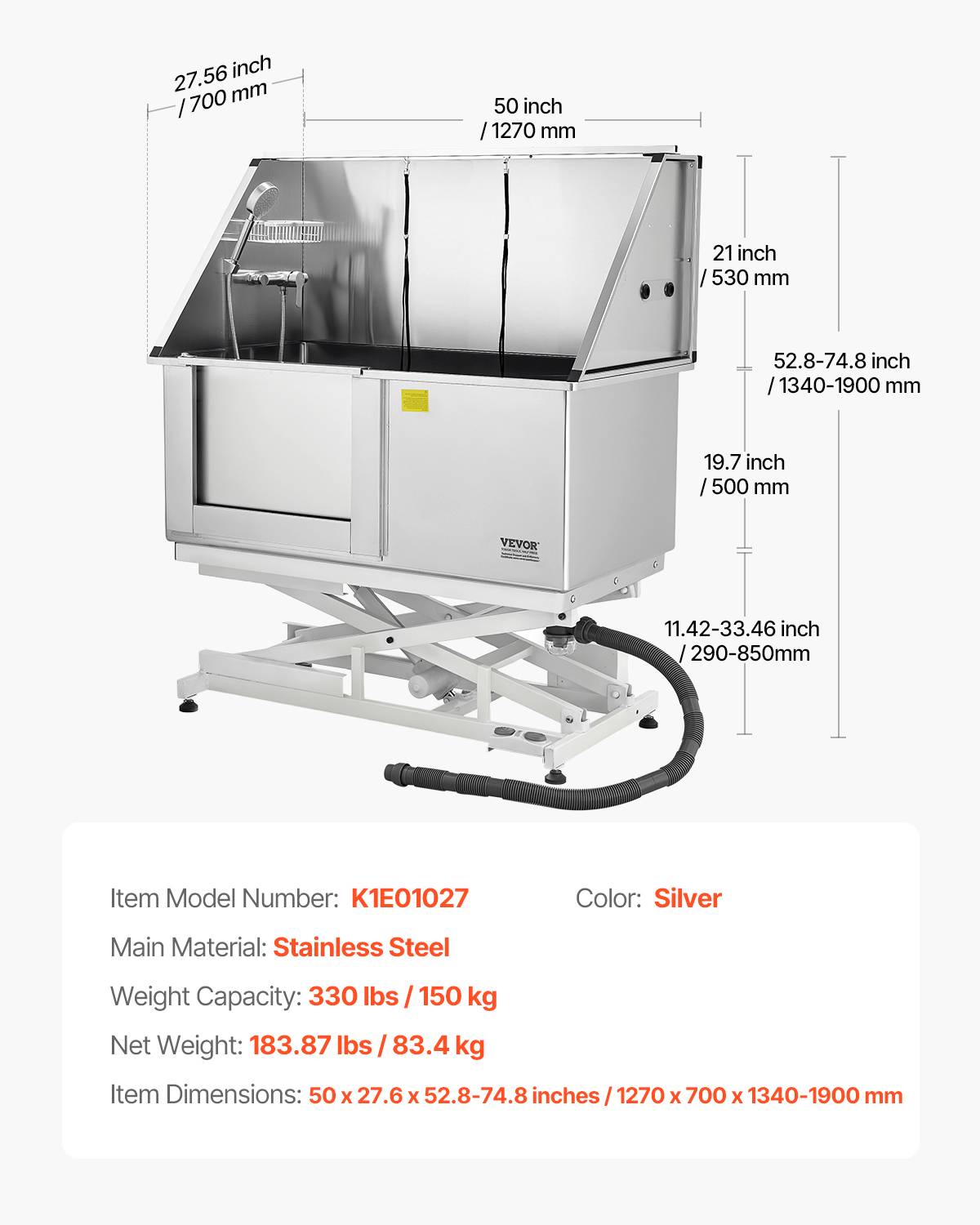 Vevor - VEVOR Baignoire chien inox 127 cm, station lavage électrique avec filtre, robinet, pommeau, porte gauche. - Image 7