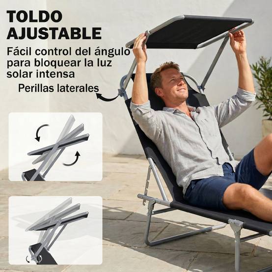 Transat de jardin pliable avec auvent et dossier inclinable pour terrasse, camping, 187 x 58 x 36 cm, noir - Image 6