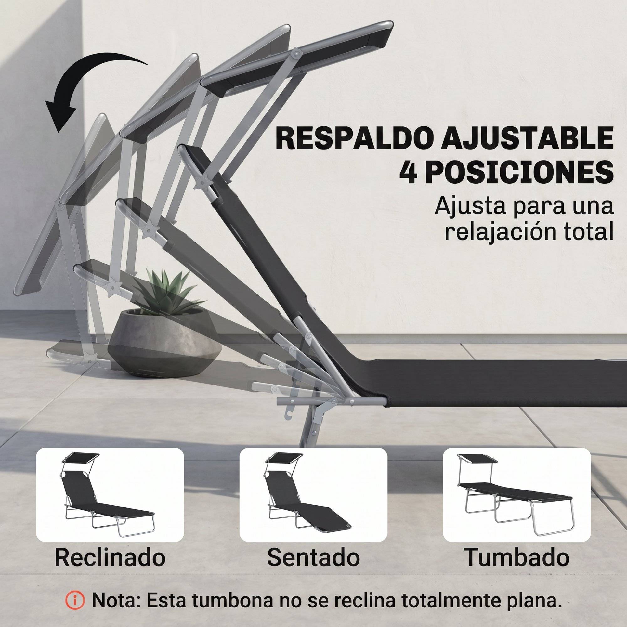 Transat de jardin pliable avec auvent et dossier inclinable pour terrasse, camping, 187 x 58 x 36 cm, noir - Image 7